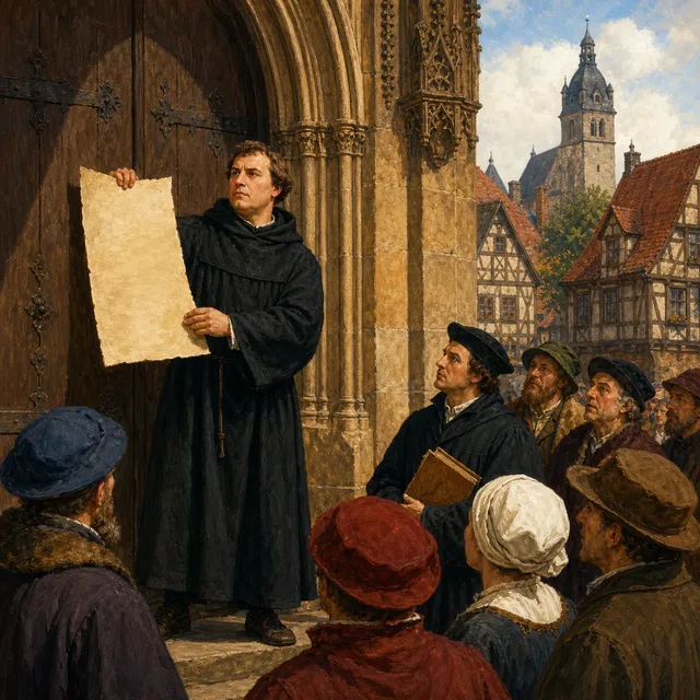 Originale Illustration Martin Luthers mit seinen Thesen an einer Kirchentür in Wittenberg 1517