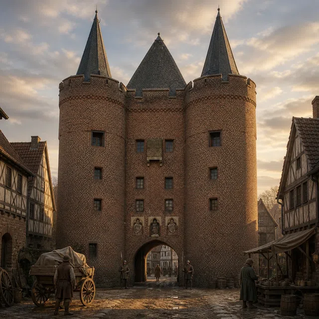 O portão medieval Steintor em Goch, no Baixo Reno, com duas torres redondas e uma machicolação acima do arco