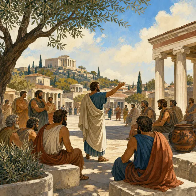 Original illustration of citizens debating in an ancient Greek agora