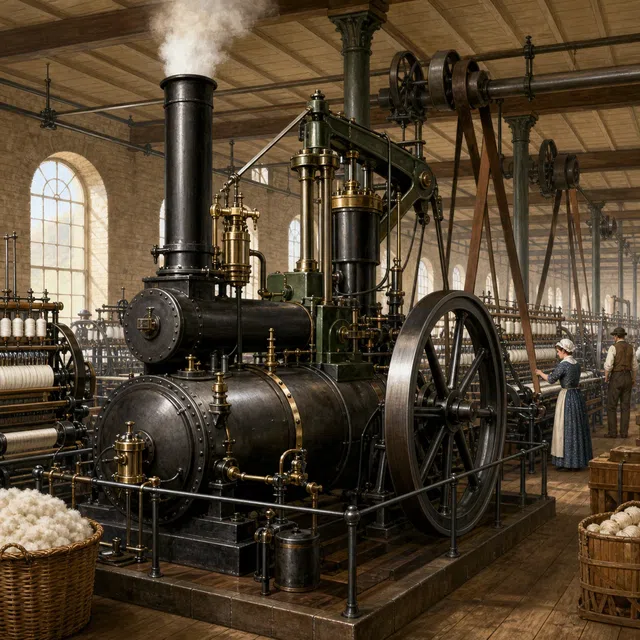 Ilustración original de una máquina de vapor en una fábrica textil británica
