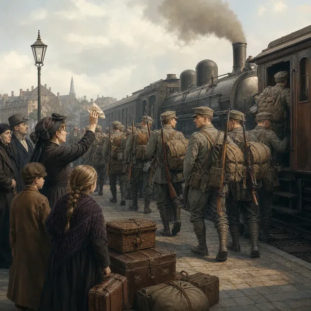 Ilustración original de la movilización en tiempos de guerra en una estación de ferrocarril a principios del siglo XX.