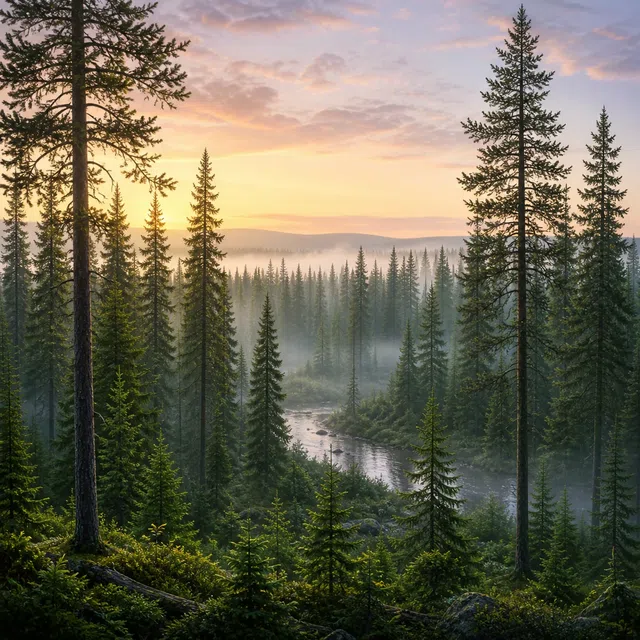 Originale Illustration eines stehenden sibirischen Taiga-Walds vor dem Tunguska-Ereignis