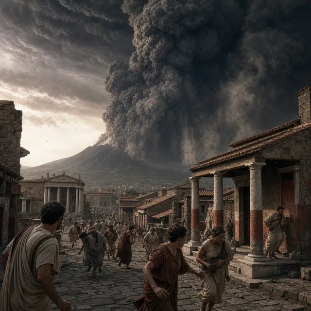 古代都市ポンペイの上に暗い火山灰の雲を噴き上げるヴェスヴィオ山
