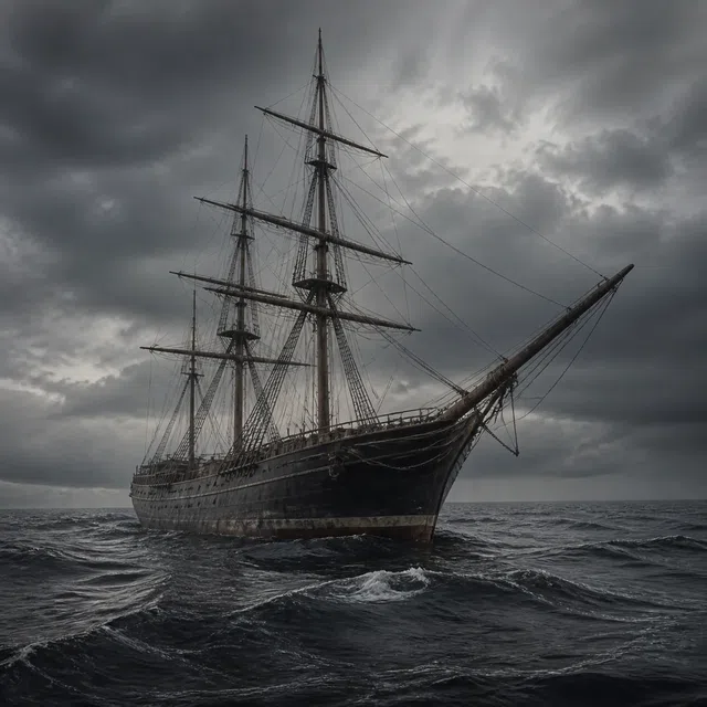 Un voilier sombre dérivant dans l'Atlantique sous de gros nuages