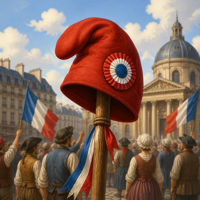 Illustration originale d'une casquette rouge tendre posée sur un poteau dans une scène révolutionnaire parisienne