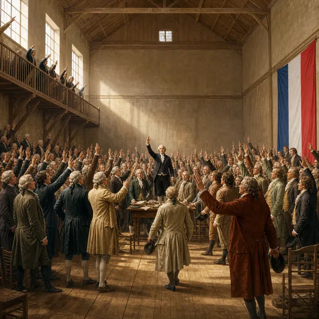 Ilustração original de deputados prestando juramento na quadra de tênis em um salão em Versalhes