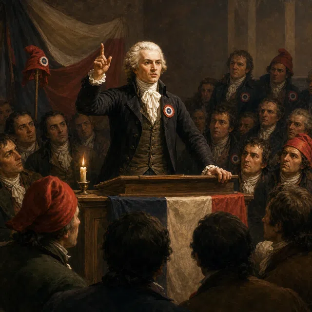 Illustration originale d'une réunion passionnée d'un club politique révolutionnaire avec un avocat central au pupitre