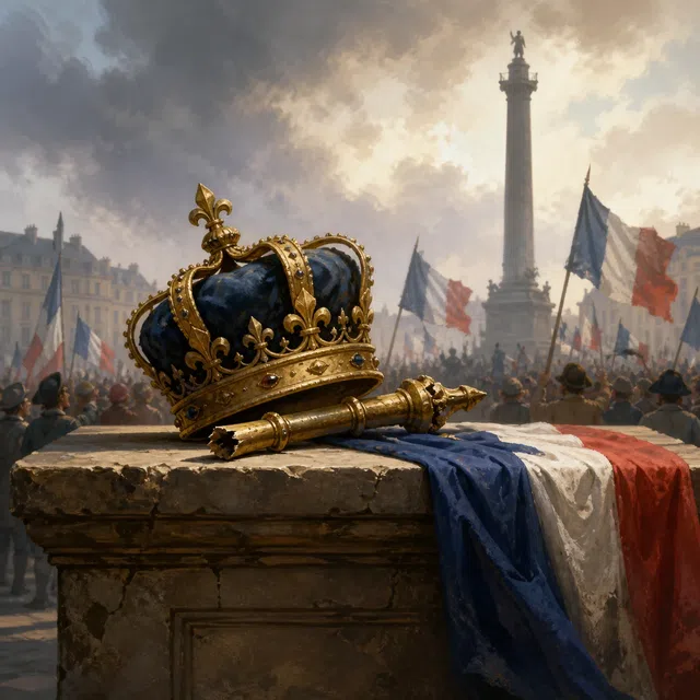 Original symbolic illustration of a crown and broken scepter in revolutionary Paris