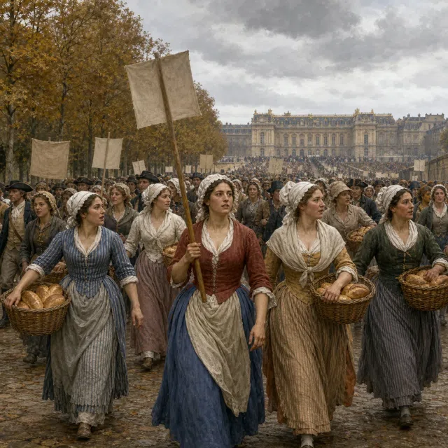 Original illustration of a crowd of women marching toward a royal palace in the rain