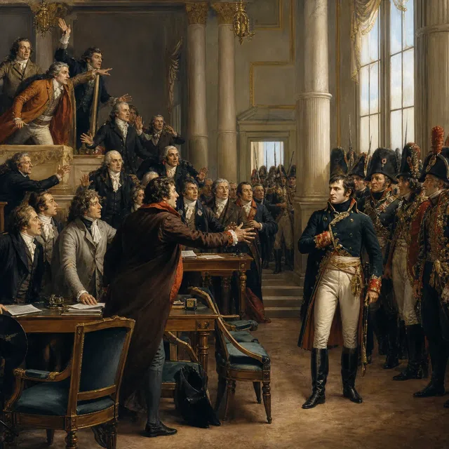 Ilustração original de soldados e políticos confrontando-se numa câmara legislativa