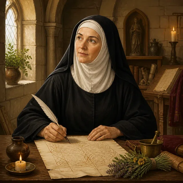Original illustration of Hildegard of Bingen as a medieval abbess in a scriptorium