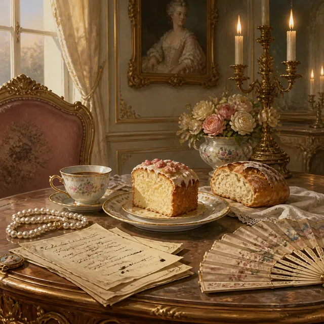 Ilustração histórica original de uma mesa rococó com pastelaria, pão, leque e panfletos ilegíveis