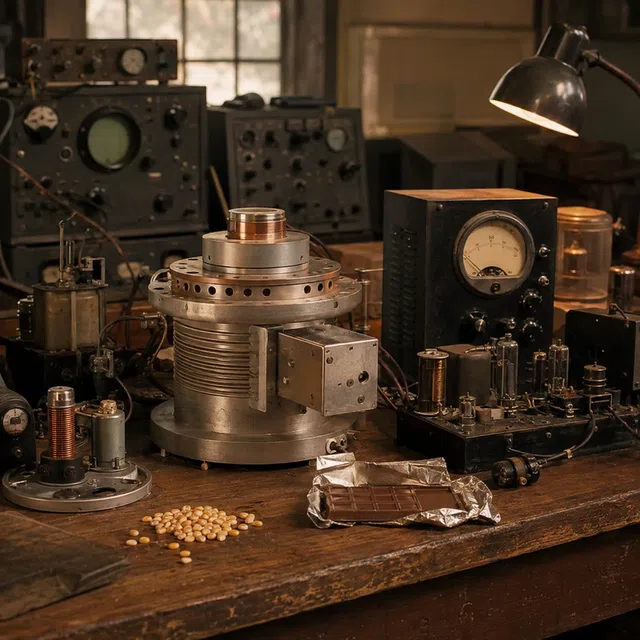 Ancien grand four à micro-ondes dans un laboratoire technique des années 1940