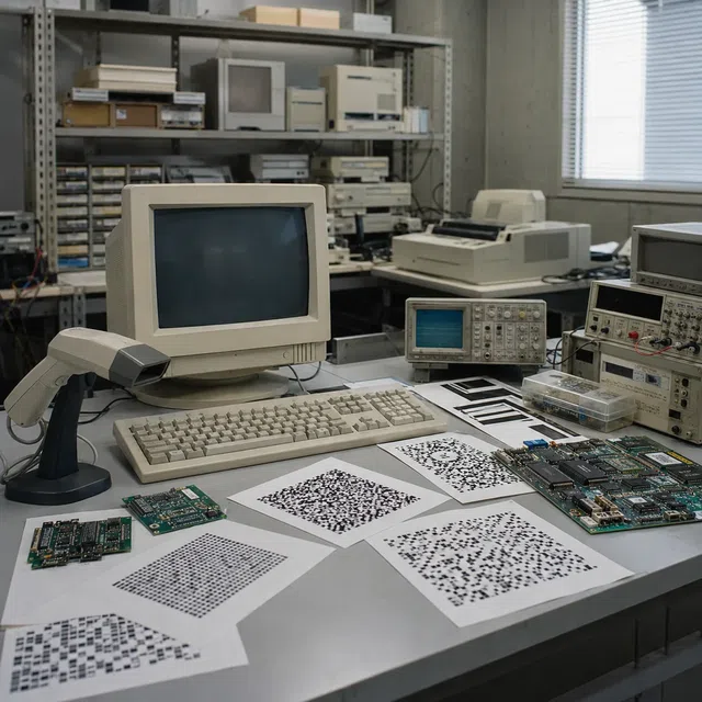 Abstracte QR-code met herkenningspatronen naast een industriële scanner