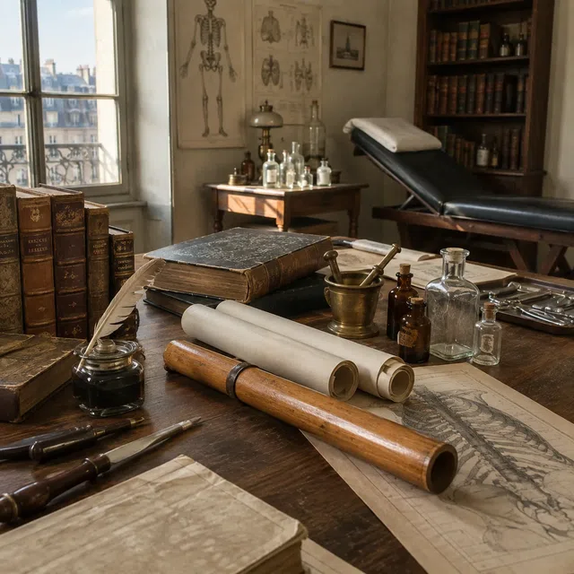 Primo stetoscopio in legno accanto ad appunti medici del XIX secolo
