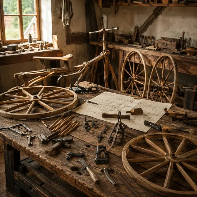 Machine à marcher en bois avec deux roues et une roue avant orientable dans une rue historique