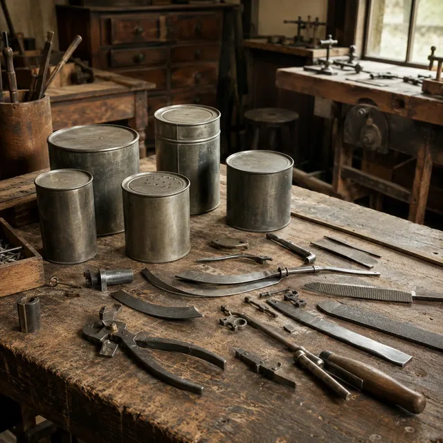 Ouvre-boîte ancien avec lame à côté de boîtes historiques