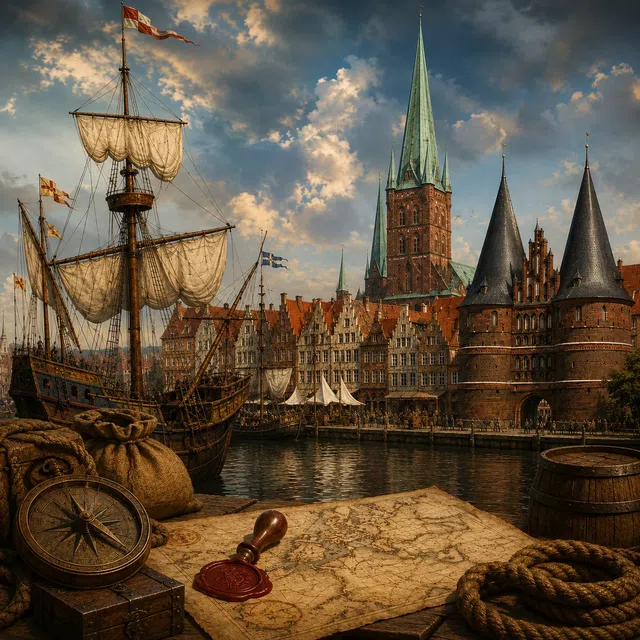 Historische Hansestadt und Hafenszene ohne lesbaren Text