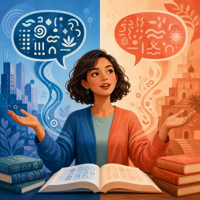 Illustration originale d'une personne connectée à deux mondes de communication clairement distincts