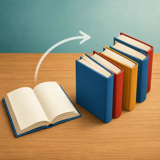 Ilustración educativa original con un libro y un grupo de libros idénticos