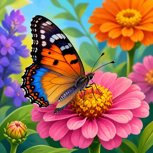 Illustration originale d'un insecte ailé coloré posé sur une fleur
