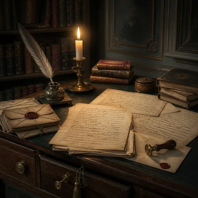 Illustration historique originale d'un cabinet d'écriture du XVIIIe siècle avec bougie et manuscrits illisibles