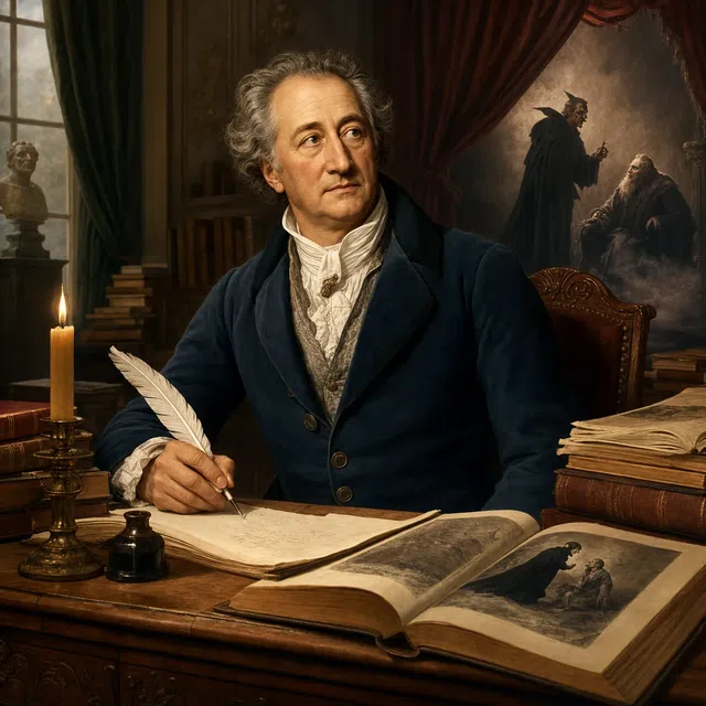 Illustration originale d'un écrivain allemand du XVIIIe siècle travaillant sur un manuscrit dramatique