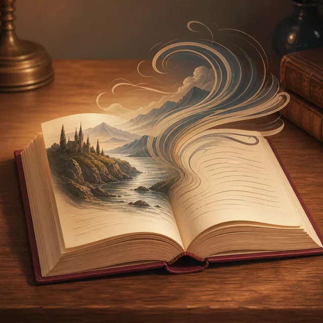 Illustration originale d'un roman ouvert avec un monde d'histoire imaginatif