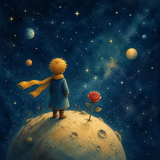 Illustration originale de livre de contes d'un petit prince sur un astéroïde avec une rose