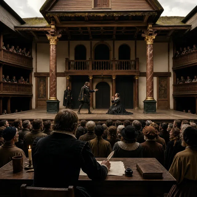 Een Elizabethaans theater met een anonieme toneelschrijver