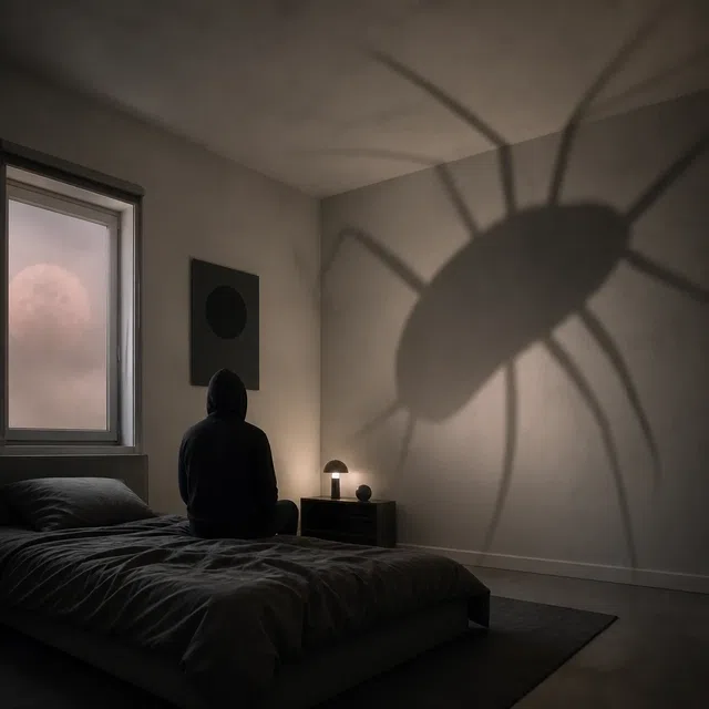 Original surreal illustration of a bedroom with an abstract insect shadow