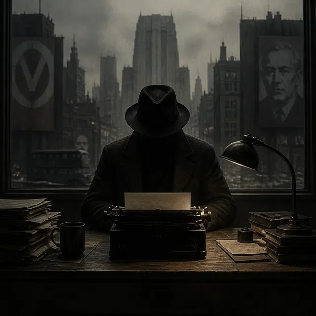 Illustration originale d'un écrivain britannique anonyme sur fond de ville dystopique