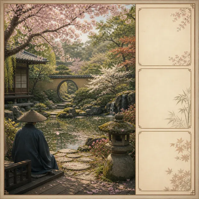 Illustration originale d'un poète japonais dans un jardin saisonnier