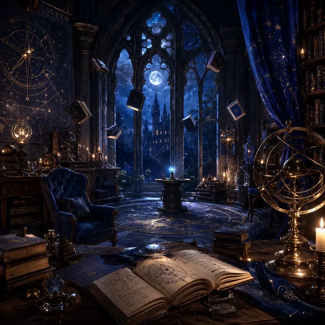Fantasy school crest with a blue bird spreading its wings and no readable text
