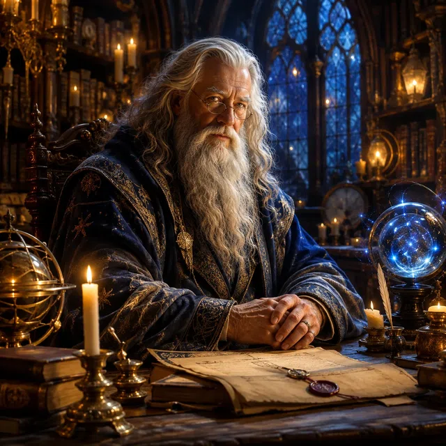 Unlabeled portrait scene of a wise headmaster in a magical library