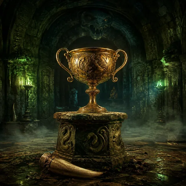 Coupe dorée sans inscription dans une chambre fantastique stylisée