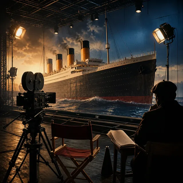 Ilustrasi asli set film dengan kapal laut, kamera, dan kursi sutradara