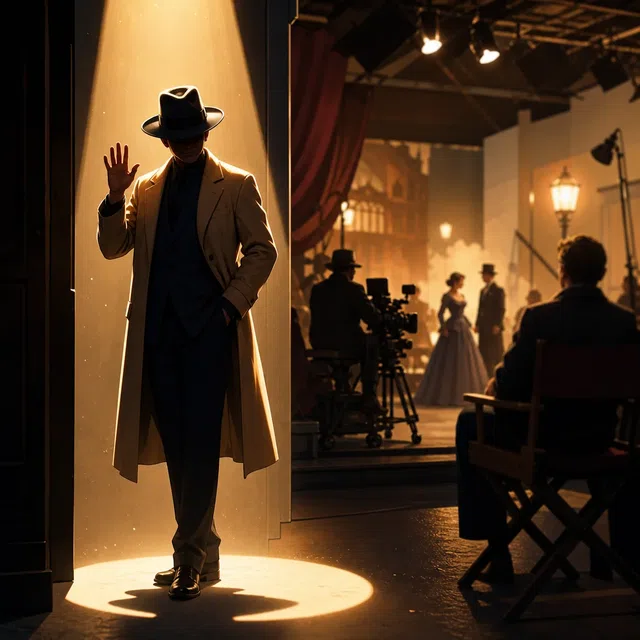 Illustration originale d'un acteur anonyme se mettant brièvement sous les projecteurs sur un plateau de tournage
