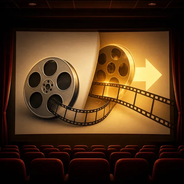 Illustration originale de deux bobines de film connectées symbolisant une suite