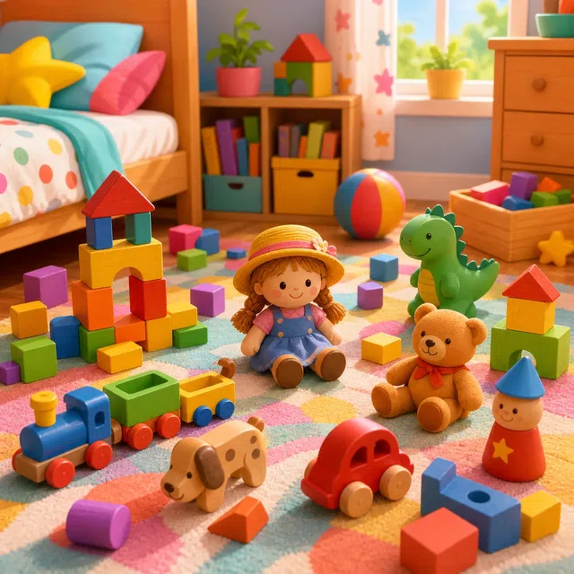 Original illustration of a colorful children’s room with generic toy figures