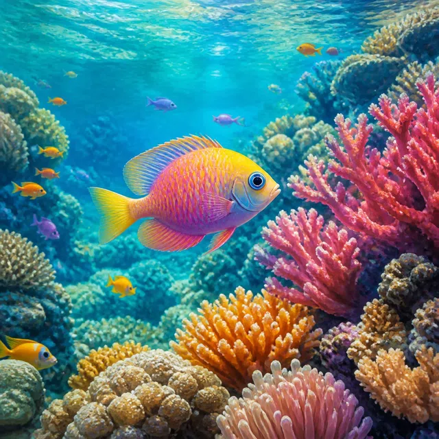 Ilustración original de un pez tropical pequeño entre corales