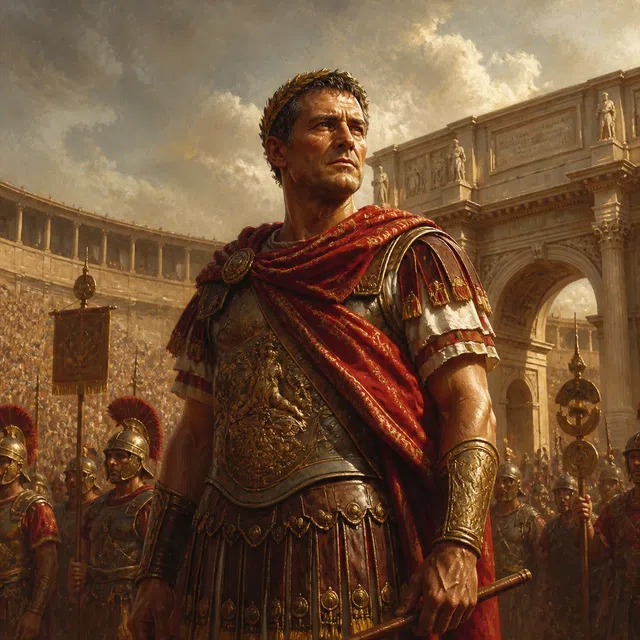 Illustrazione storica originale di un anonimo comandante romano in un'arena