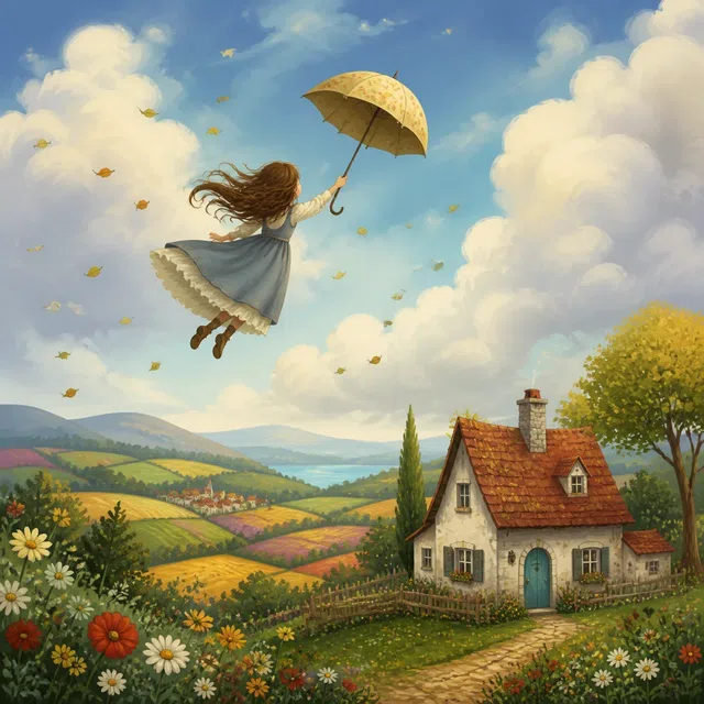 Original fantasy illustration of a windblown girl above a stylized farm
