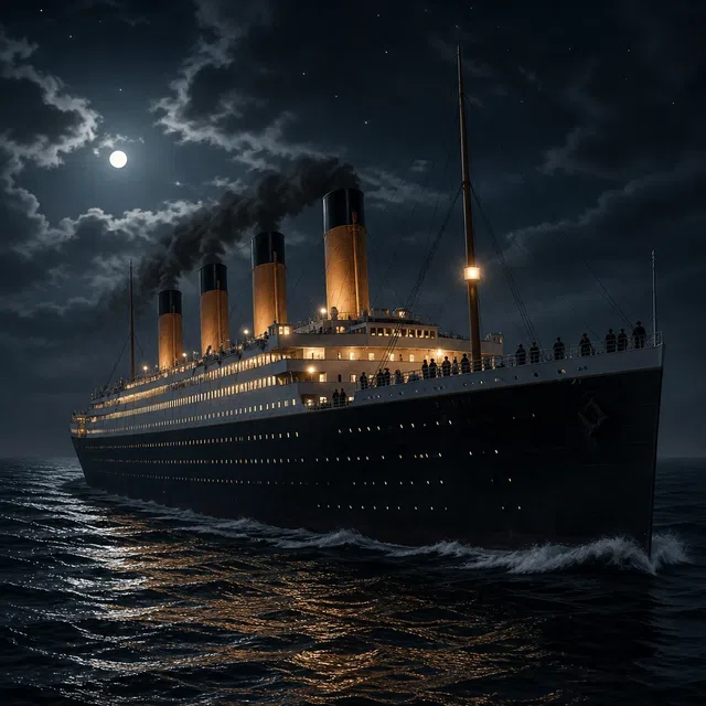 Original illustration of a grand ocean liner crossing the Atlantic at night