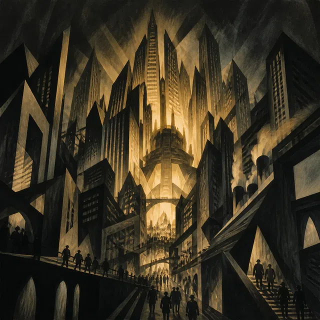 Illustration originale de science-fiction d'une ville industrielle expressionniste