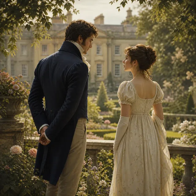 Illustration originale d'un jeune couple anonyme dans un jardin Régence