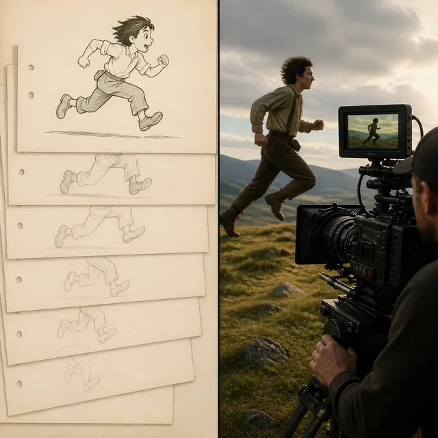 Original illustration of an animation studio and a live-action camera