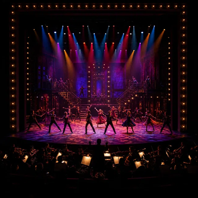 Original illustration of a musical theater stage with anonymous performers and orchestra pit