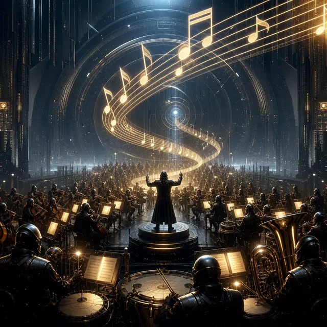 Illustration originale de science-fiction d'un orchestre avec un motif de marche abstrait