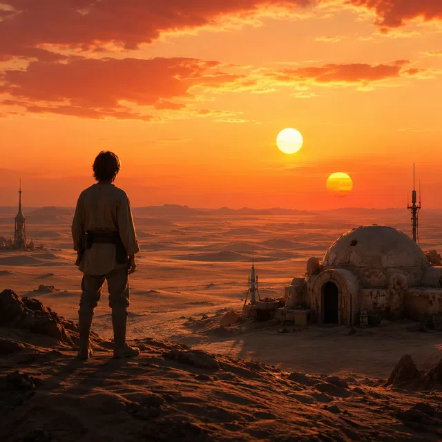 Planeta desértico de Star Wars com dois sóis sem texto legível